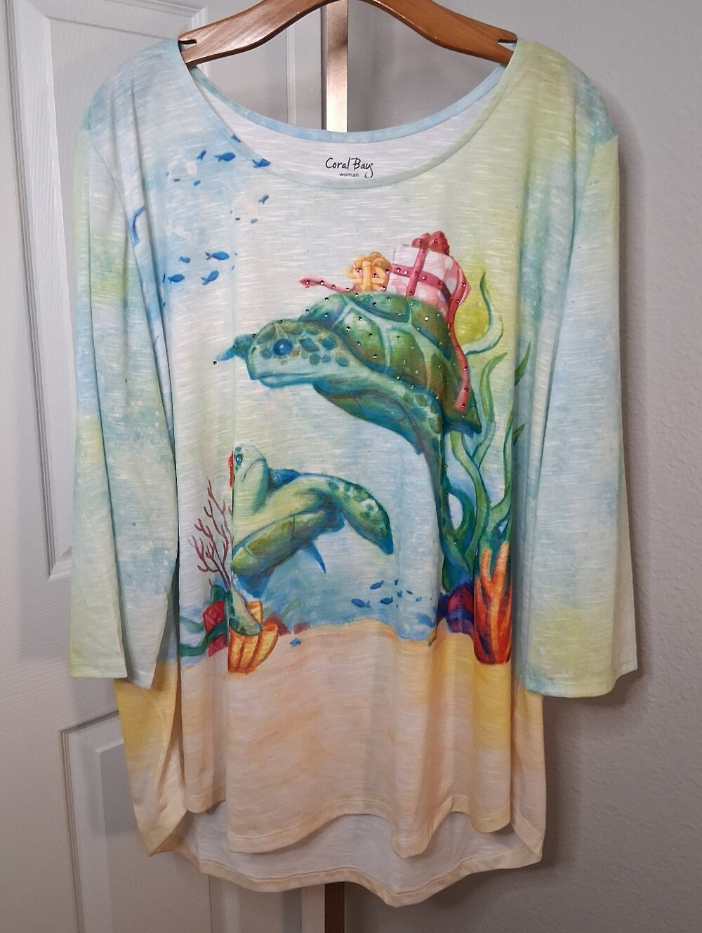 Coral Bay Turtle Jeweled T Shirt Blouse 3X